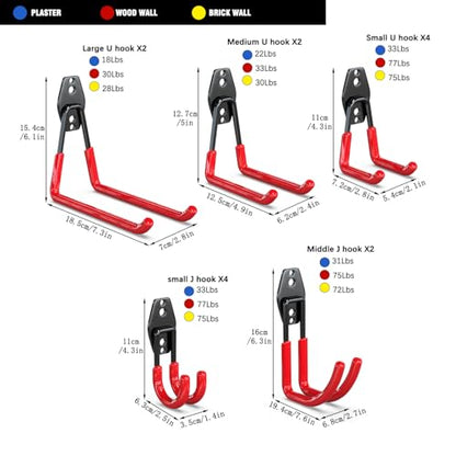 3-H Garage Wall Hooks 14 Pack,Garage Hooks Heavy Duty with Extra Welding Spots,Garage Hooks for Hanging,Garage Organizer for Garden,Lawn,Yard Tools,Chairs,Ladders,WeedEater,Shovel,Blower(Red) | Multi-Purpose Garage Hooks to Organize Garden Lawn Tools, Spo