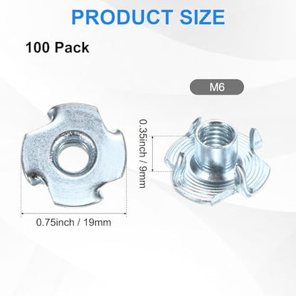 M METERXITY 100-Pack M6x9mm T-nut, 4-Pronged Tee Nut Threaded Insert | Carbon Steel, for Wood, Rock Climbing Holds, Furniture, Corrosion Resistant Fasteners - size: M6x9mm