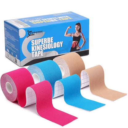 SUPERBE Precut Kinesiology Tape (3 Rolls Pack), Elastic Sports Tape for Pain Relief, Muscle Support, Recovery and Physio Therapy, Breathable, Waterproof (Beige Blue Pink) - color: Beige Blue Pink
