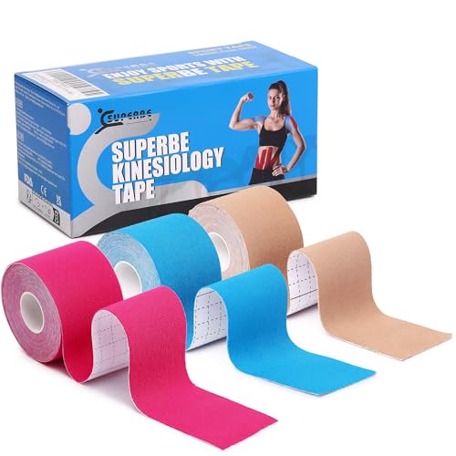 SUPERBE Precut Kinesiology Tape (3 Rolls Pack), Elastic Sports Tape for Pain Relief, Muscle Support, Recovery and Physio Therapy, Breathable, Waterproof (Beige Blue Pink) - color: Beige Blue Pink