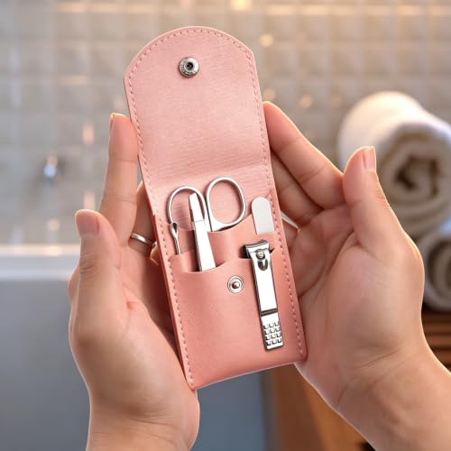 6 Sets Pack Travel Manicure Set Professional Nail Clipper Kit-5 Pieces Stainless Steel Manicure Kit, Women Men Grooming kit With Nail Care Tools Beauty Scissors Tweezers (Silver Pink) - color: Pink-6 sets value pack