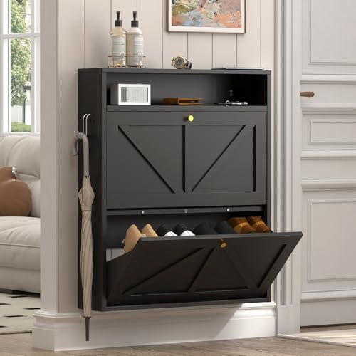 Hidden Shoe Rack, 2 Flip-Down Front Door Shoe Storage, Ultra Slim Shoe Cabinet Wall Mounted, Floating Shoe Storage Cabinet for Entryway, Space-Saving Moeden Cabinet for Small Place, Black - color: Black--2 Flip Drawer With Pegboard