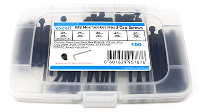 iexcell 100 Pcs M3 x 30/35/40/45/50 Alloy Steel 12.9 Grade Hex Socket Head Cap Screws Bolts Assortment Kit, Black Oxide Finish - size: M3 x 30/35/40/45/50mm