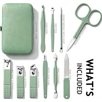 HANTEKAS Manicure Set 10 in 1 Stainless Steel, Nail Clippers Scissors Pedicure Tools Kit - Portable Travel Grooming Kit for Men and Women with Leather Case (Jade Green) - color: Jade Green
