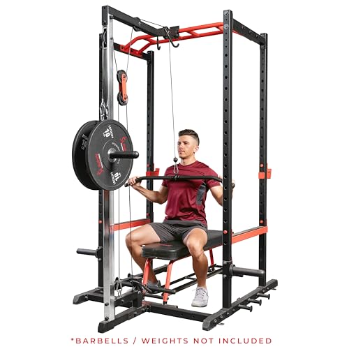 Sunny Health & Fitness Power Zone Strength Rack Power Cage - 1000 LB Weight Capacity, Spotter Bar, Angled Pull-Up Bar, J-Hooks, Resistance Band Pins, Optional LAT Pull Down - style: Lat Pull Down Attachment