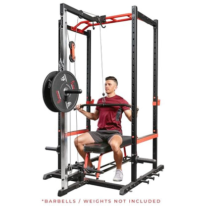 Sunny Health & Fitness Power Zone Strength Rack Power Cage - 1000 LB Weight Capacity, Spotter Bar, Angled Pull-Up Bar, J-Hooks, Resistance Band Pins, Optional LAT Pull Down - style: Lat Pull Down Attachment