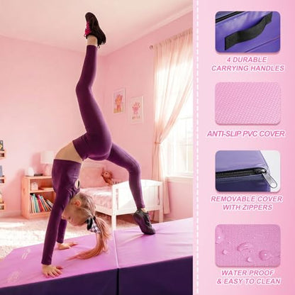 Kangaroo Hoppers Gymnastics Cheese Wedge Mat for Kids Ages 1-12 | 3 Sizes Folding Incline Mat with High-Density EPE Foam and Removable PVC Leather Cover, Home Gym Training Equipment - color: Purple/Pink, size: 34" x 24" x 13"