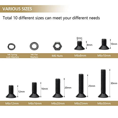 148 Pieces Black M6 x 8/10 /12/16 /20/25 /30mm Countersunk Head Socket Cap Screws Nuts Washers Assortment Kit, 10.9 Grade Alloy Steel - size: M6, style: Countersunk Head