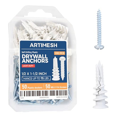 8# 100PCs Self Drilling Drywall Anchors Kit - 75LBs Heavy Duty Plastic Drywall Hangers with 50 Self-Tapping Screws - Mounting Hardware for Sheetrock Anchors