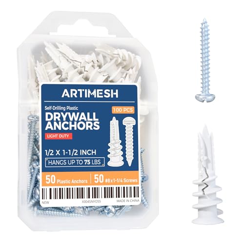 8# 100PCs Self Drilling Drywall Anchors Kit - 75LBs Heavy Duty Plastic Drywall Hangers with 50 Self-Tapping Screws - Mounting Hardware for Sheetrock Anchors