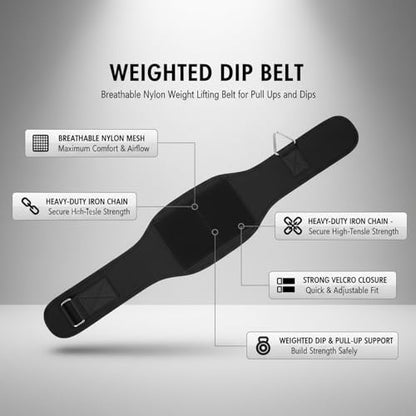 Weighted Dip Belt with Iron Chain - Breathable Nylon Weight Lifting Belt for Pull Ups, Dips & Calisthenics