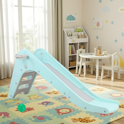 Toddler Indoor Slide, Foldable Baby Climber Playset with Basketball & Hoop | 63 in Extra Long Slope, Non-Slip Steps, Sturdy Plastic, Outdoor Playground for Backyard, Home & Playroom Use, Robin Egg Blue - color: Robin Egg Blue