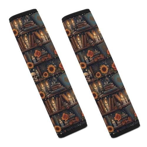 2 Pack Halloween Bookshelf Skulls Spooky Book Lovers Car Seat Belt Pad Soft Padded Automotive Seat Belt Protector for Child, Stroller Pushchair High Chair, Shock Absorption - color: Pattern 1231