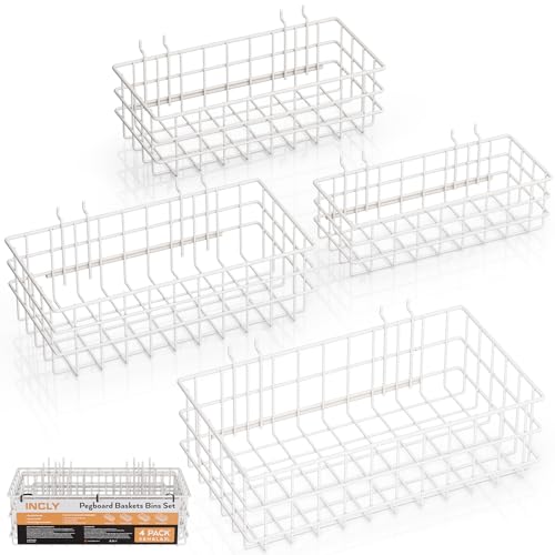 INCLY 4 Pack Pegboard Baskets Bins Set, White Metal Pegboard Accessories | 4 Size Square Style, Metal Wire Basket, For Any Peg Board Organizing Tools, Workbench Garage Wall Storage - color: White
