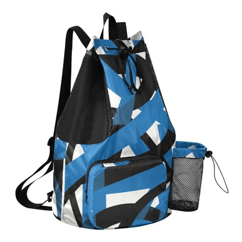 Drawstring Climbing Gym Bag With Water Bottle Pocket Drawstring Backpack For Women Men with Wet Dry Compartments Abstract Art Lines Black Blue