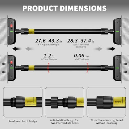 Pull Up Bar for Doorway, Door Frame Chin Up Bar No Screws, 440lbs Capacity | Adjustable 72-95 cm (28.3"-37.4") Chin Up Bar, Dual Gear Lock, Level Meter, Anti-Slip PVC Pads for Home Gym Strength Training