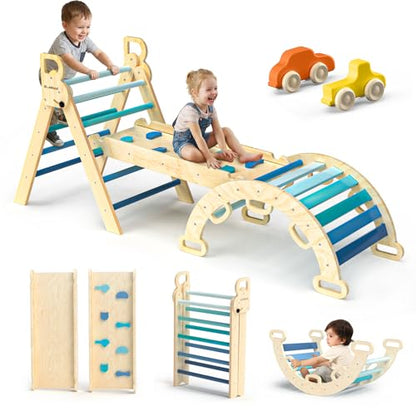 Pikler Triangle Set with Safe Handle, Climbing Toys for 1-3 Year | Foldable 7-in-1 Montessori Toddler Climbing Toys Indoor, Wooden Pickler Climbing Set, Baby Jungle Gym & Playground, Sky Blue - color: Sky Blue