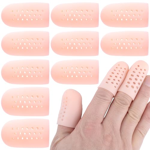 PAGOW 10pcs Gel Finger Cots/Covers, Silicone Finger Protector Support, Finger Caps Finger Sleeves Thumb Protector for Finger Cracking Trigger Finger Arthritis Pain Relief (Beige, 8 Small+2 Medium) - color: [Breathable] Beige, 8 Small+2 Medium