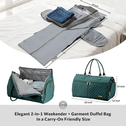 STOVER Women’s Convertible Garment Duffel Bag for Travel – 2-in-1 Carry-On Weekender/Overnight Tote - Wrinkle-Free Dresses, Suits & Clothes + Shoe Compartment & Bonus Toiletry Bag (Emerald Green) - color: Emerald Green