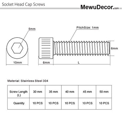 50 PCS M6 x 30/35/40/45/50mm Socket Head Cap Screw Assortment Set, Stainless Steel 304, Bright Finish - size: Assortment 30mm to 50mm