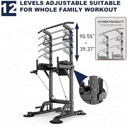 Freestanding Power Tower Dip Station, Adjustable Pull Up Bar for Home Gym with Backrest & Resistance Bands, 450 LBS Heavy Duty Multi-Function Calisthenics Workout Equipment for Adults & Teens