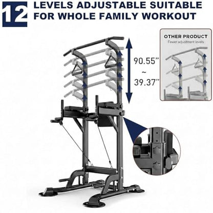Freestanding Power Tower Dip Station, Adjustable Pull Up Bar for Home Gym with Backrest & Resistance Bands, 450 LBS Heavy Duty Multi-Function Calisthenics Workout Equipment for Adults & Teens