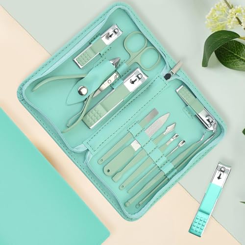 12 in 1 Travel Manicure Set, Mens Grooming kit Women Nail Manicure Kit, Manicure Pedicure Kit Manicure Set Professional Gift for Family Friends Elder - color: Green
