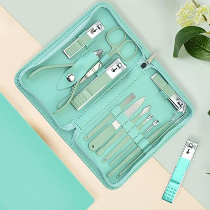 12 in 1 Travel Manicure Set, Mens Grooming kit Women Nail Manicure Kit, Manicure Pedicure Kit Manicure Set Professional Gift for Family Friends Elder - color: Green