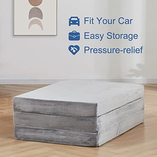 SINWEEK 3.95" Full Memory Foam Folding Topper with Storage Bag - Foldable Trifold Floor Mat Topper, CertiPUR-US Certified Guest Sleeping Pad, Machine Washable Cover - size: SF (52 x 73 Inch), style: Slow Rebound Memory Foam