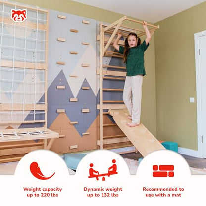 Wood And Hearts 5in1 Modular Swedish Wall Gym Set for Kids Indoor Active Play – Swedish Ladder with Adjustable Pull-Up Bar, Rock Climbing & Indoor Slide (Base Set+2-Sided Ramp with Mat+Sit-Up Bar) - style: Base Set + 2-Sided Ramp with Mat + Sit-Up Bar