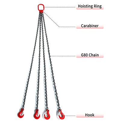 Pindex 1/4 Inch X 5 Ft Chain Slings for Lifting, G80 Alloy Steel Lifting Sling Hoist 3 Ton with 4 Leg Grab Hooks, 5 Feet - size: 5Ft 3T G80 Alloy