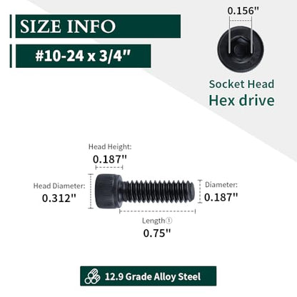 #10-24 x 3/4" Socket Head Cap Screws Bolts, 12.9 Grade Alloy Steel, Black Oxide Finish, Allen Hex Drive, Full Thread, 50-Pack - size: #10-24 x 3/4"