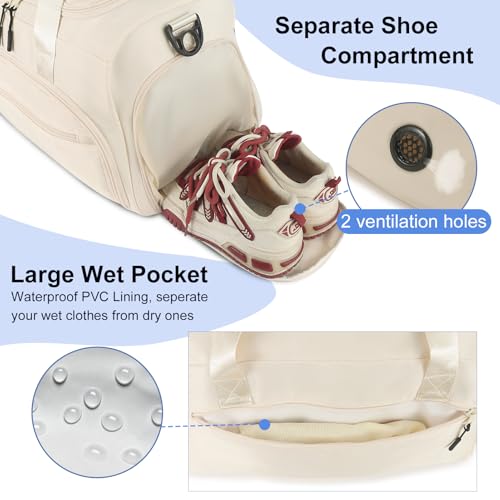 Gym Bag for Men Women, Sports Duffle Bag with Wet Pocket & Shoes Compartment, Water Resistant Overnight Weekender Bag Duffel Bag - color: Beige