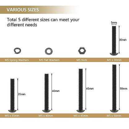 202 Pieces Black M5 x 30/35 /40/45 /50 mm Button Head Socket Cap Screws Nuts Washers Assortment Kit, 10.9 Grade Alloy Steel - size: M5 x 30/35/40/45/50mm, style: Button Head
