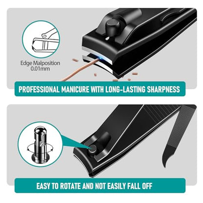 firiKer 2PCS Nail Clippers Set, Heavy Duty Black Matte Stainless Steel Nail Clipper with Nail File, Ultra Sharp Fingernail and Toenail Clipper Cutters,Clipper Tools for Men & Women - color: Black