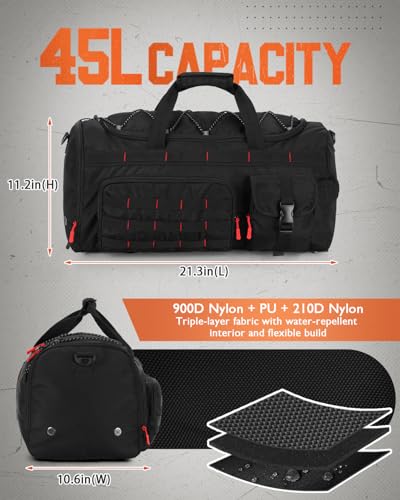 Gonex 45L Tactical Duffel Bag, 3-in-1 Gym & Travel Bag | Shoe compartment, Tactical gear loops, Water-repellent lining, 5 zip pockets, Weekend travel - color: Black with Red Accents, size: 45L