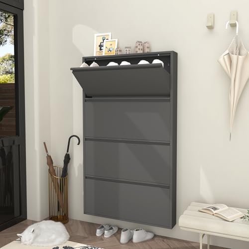 GREATMEET Black Shoe Cabinet Storage for Entryway, Narrow Shoe Cabinet for Entryway Slim, Wall Mounted Metal Hidden Shoe Organizer with 4 Flip Drawers - color: Black, size: 4 Flip Drawers