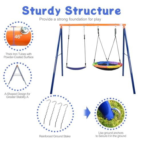 2 in 1 Swing Sets for Backyard, 440lbs Metal Stand with Saucer Swing | 32in Saucer & Belt Swing, A-Frame Steel, Ages 3-12, Adjustable Height, Ground Stakes, Outdoor Playground