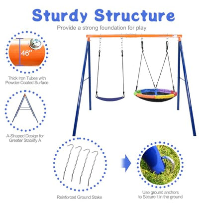 2 in 1 Swing Sets for Backyard, 440lbs Metal Stand with Saucer Swing | 32in Saucer & Belt Swing, A-Frame Steel, Ages 3-12, Adjustable Height, Ground Stakes, Outdoor Playground