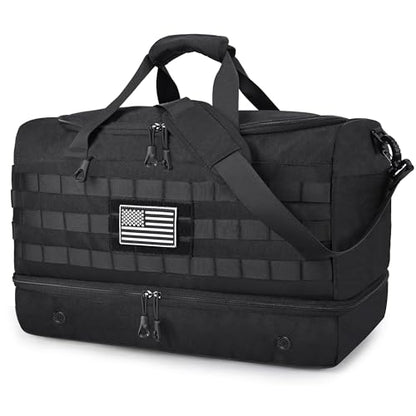 MOZETO Black Duffle Bag for Men, 45L Carry On 22x14x9 Travel Duffle with Shoe Compartment Tactical Inspired Heavy Duty GYM Overnight Bag Wet-Dry Separated Compartment