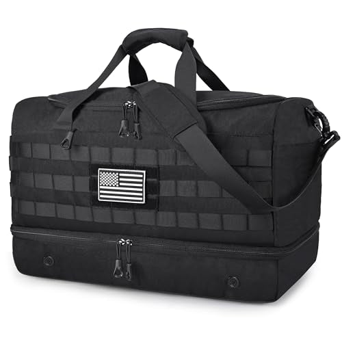 MOZETO Black Duffle Bag for Men, 45L Carry On 22x14x9 Travel Duffle with Shoe Compartment Tactical Inspired Heavy Duty GYM Overnight Bag Wet-Dry Separated Compartment