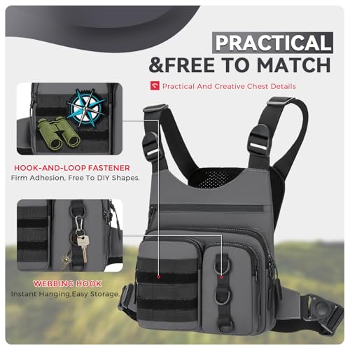 Criuage Tactical Chest Bag for Men, Lightweight Adjustable Running Vest, Water Resistant EDC Chest Pack with Water Bottle Pocket, Breathable Back Pad for Hiking Cycling Fishing Travel - color: Grey