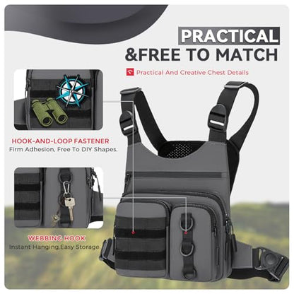 Criuage Tactical Chest Bag for Men, Lightweight Adjustable Running Vest, Water Resistant EDC Chest Pack with Water Bottle Pocket, Breathable Back Pad for Hiking Cycling Fishing Travel - color: Grey