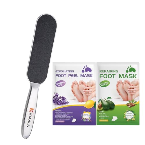 Stainless Foot File Callus Remover for Cracked Heels & Dead Skin — Pedicure Rasp with 10 Replacement Pads & 2 Exfoliating Foot Masks, Sandal Season Foot Care Kit (3in1 Set)