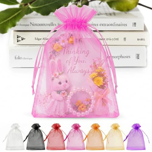 ANZNKU 50 PCS Organza Bags 5 x 7, Hot Pink Small Mesh Gift Bags Drawstring | Sheer Goodie Sachet Pouches for Wedding Party Favors Baby Bridal Shower & Halloween, Use for Candy Jewelry Soap Treats Makeup - color: Hot Pink