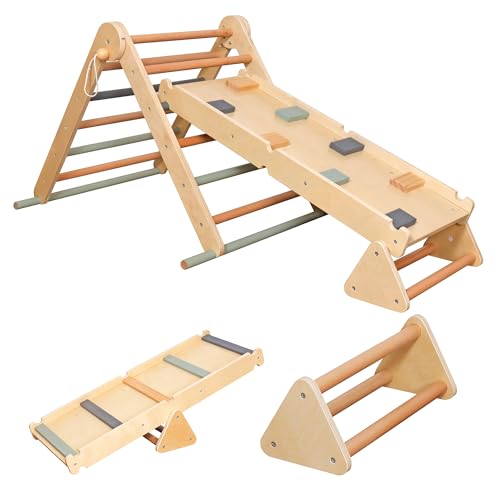 Kids Foldable Climbing Set with Ladder,Ramp,Balance Beam;Triangle Wooden Climbing Toys for Toddlers 1-3 Inside Playground,Baby Indoor Climber Jungle Gym for Montessori