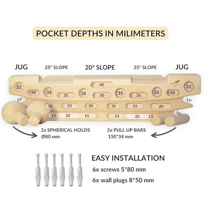 FingerPeg 1.0 Hangboard – Fingerboard Training Board for Climbing with Pull-Up Bars – Sleek Wooden Climbing Board with Ergonomic Design – Supports up to 265 lbs - style: Fingerpeg 1.0 + Spherical Holds