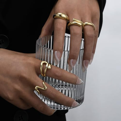 YEEZII Chunky Gold Rings for Women Non Tarnish, 18K Gold Plated Stackable Thumb Ring, Statement Women Rings Set - color: Gold-B-14k