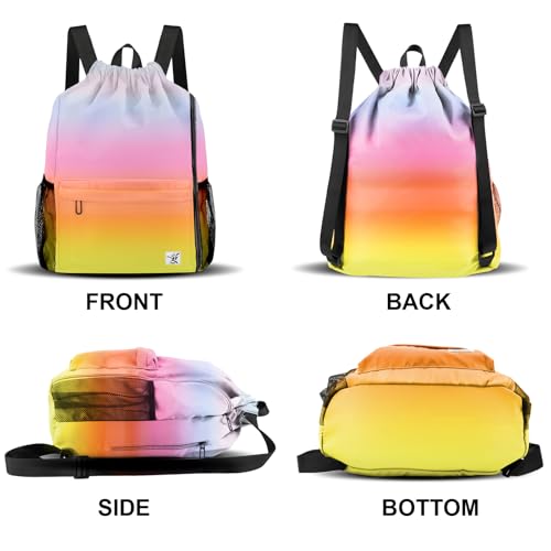 Drawstring Backpack with Mesh Pockets String Gym Bag Sackpack Sandproof Water Resistant Beach Backpack for Men Women - color: Gradient Rainbow