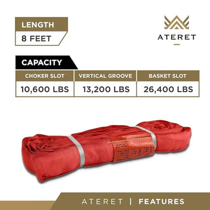 ATERET Powerlift Red Polyester Endless Round Sling - 8 Feet Length, 13,200 lb. Vertical Capacity, 26,400 lbs Basket - Heavy Duty Poly Lifting Sling - color: 05 Red - Vertical Capacity 13,200 lbs, size: 8FT